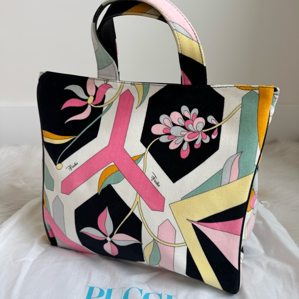 Emilio Pucci Black Pink Yellow Green Floral Print Canvas Tote - Picture 3 of 12